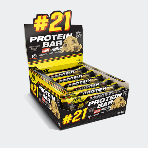 Box of #21 Protein Bars with visible branding and product details.
