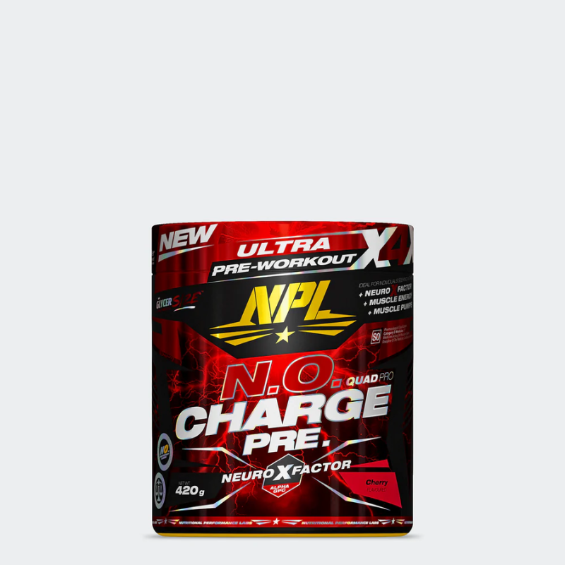 NPL N.O. Charge Pre workout supplement container on a white background